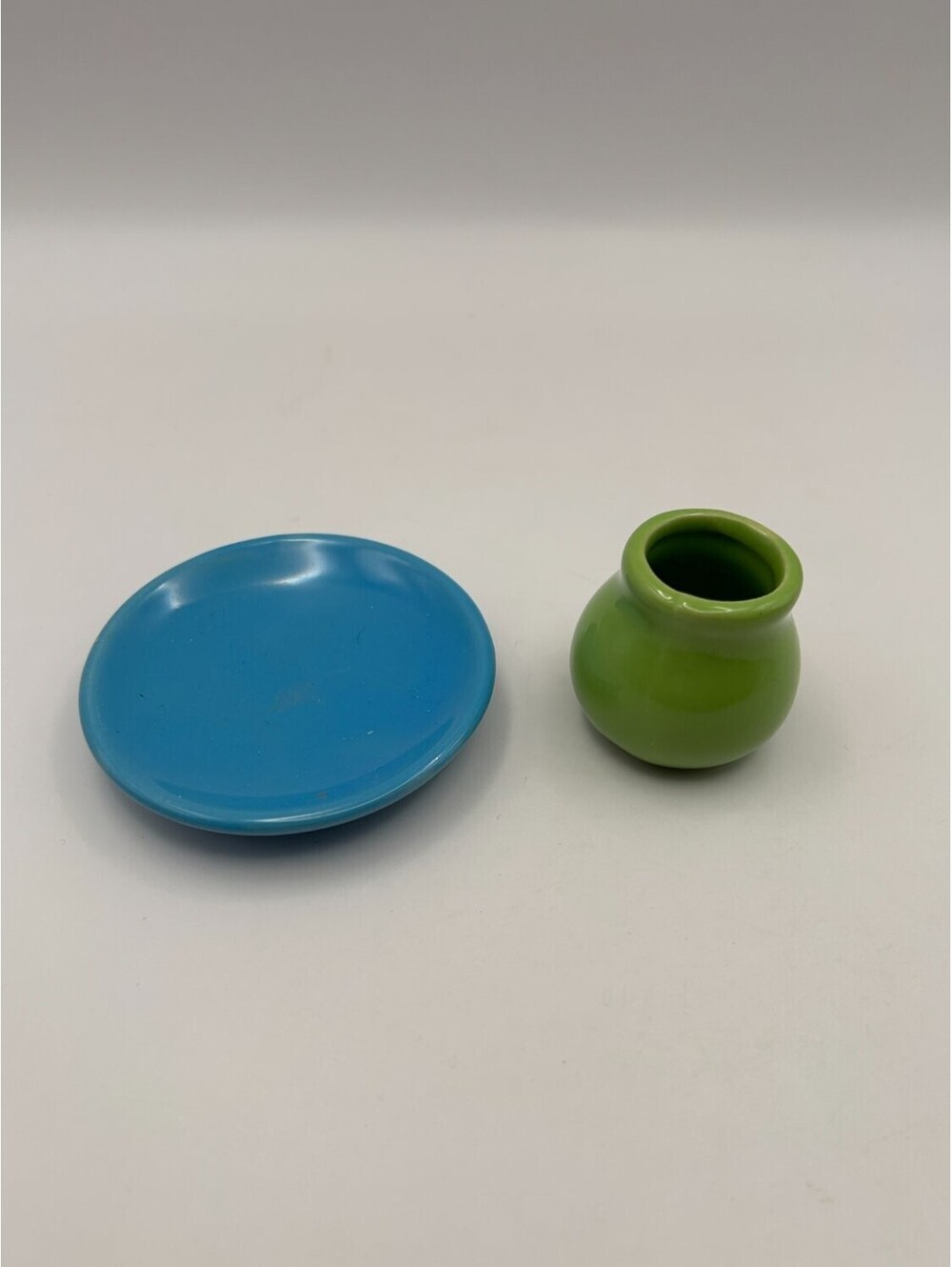Miniature Ceramic Saucer and Jug Lot Blue Green Glossy Glazed Finish Scale